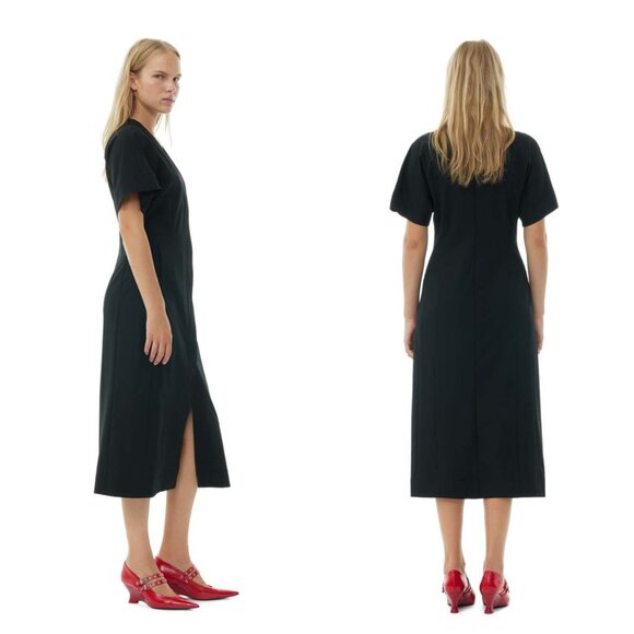 GANNI NEW Drapey Melange Midi Dress Black Size 32 US 0 XXS V-Neck Button Midi - Picture 2 of 11